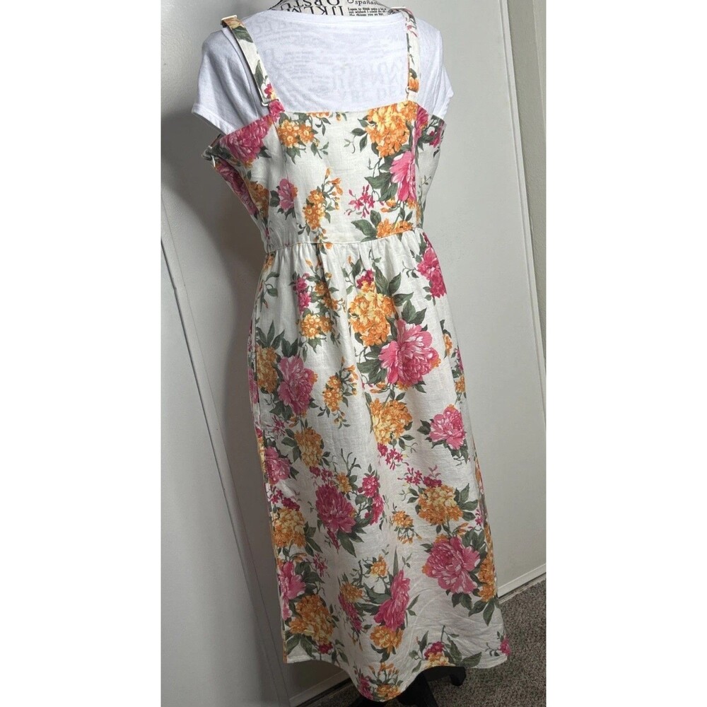 100% Linen Floral Fit And Flare Midi Sun Dress Size 10 Coastal Old Money Eco - Picture 5 of 7